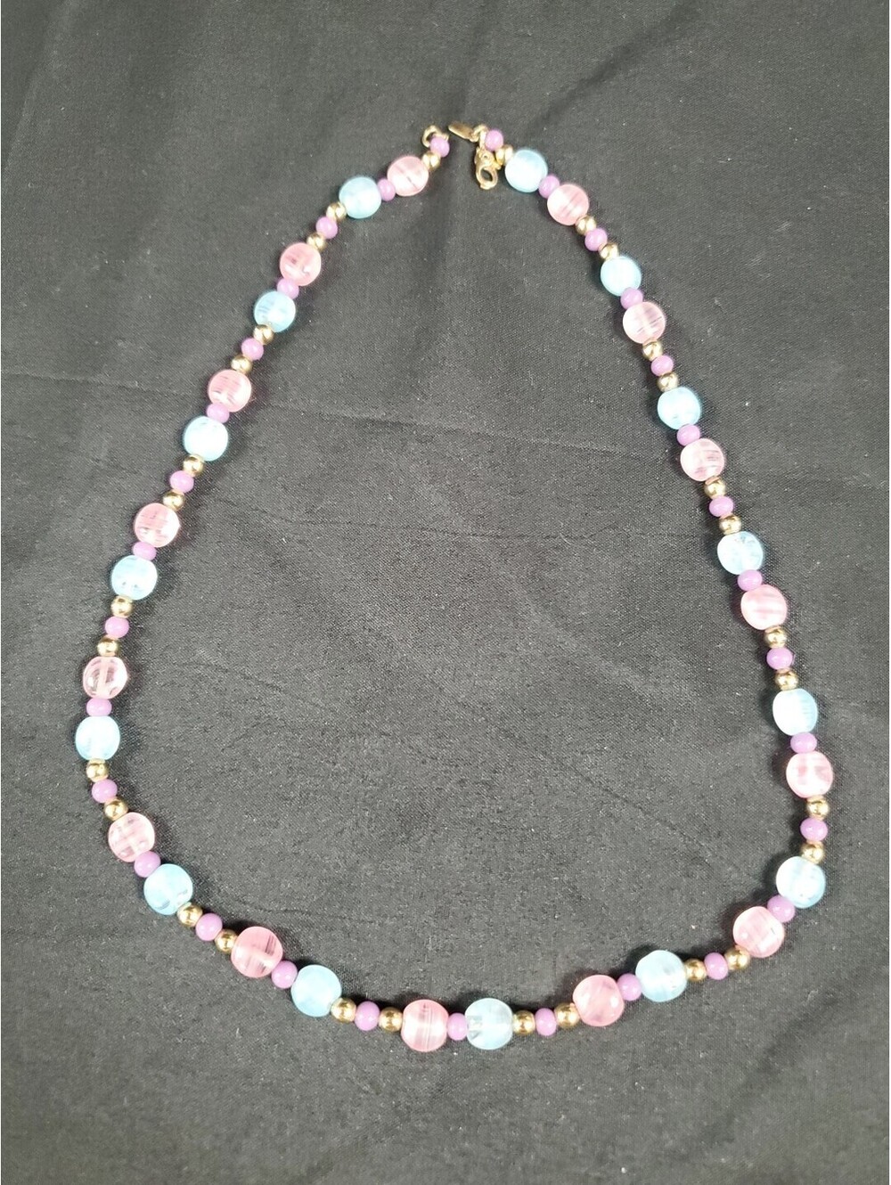Vintage Monet Glass Bead Necklace 17" Signed Pink/Blue Gold Tone EXCELLENT
